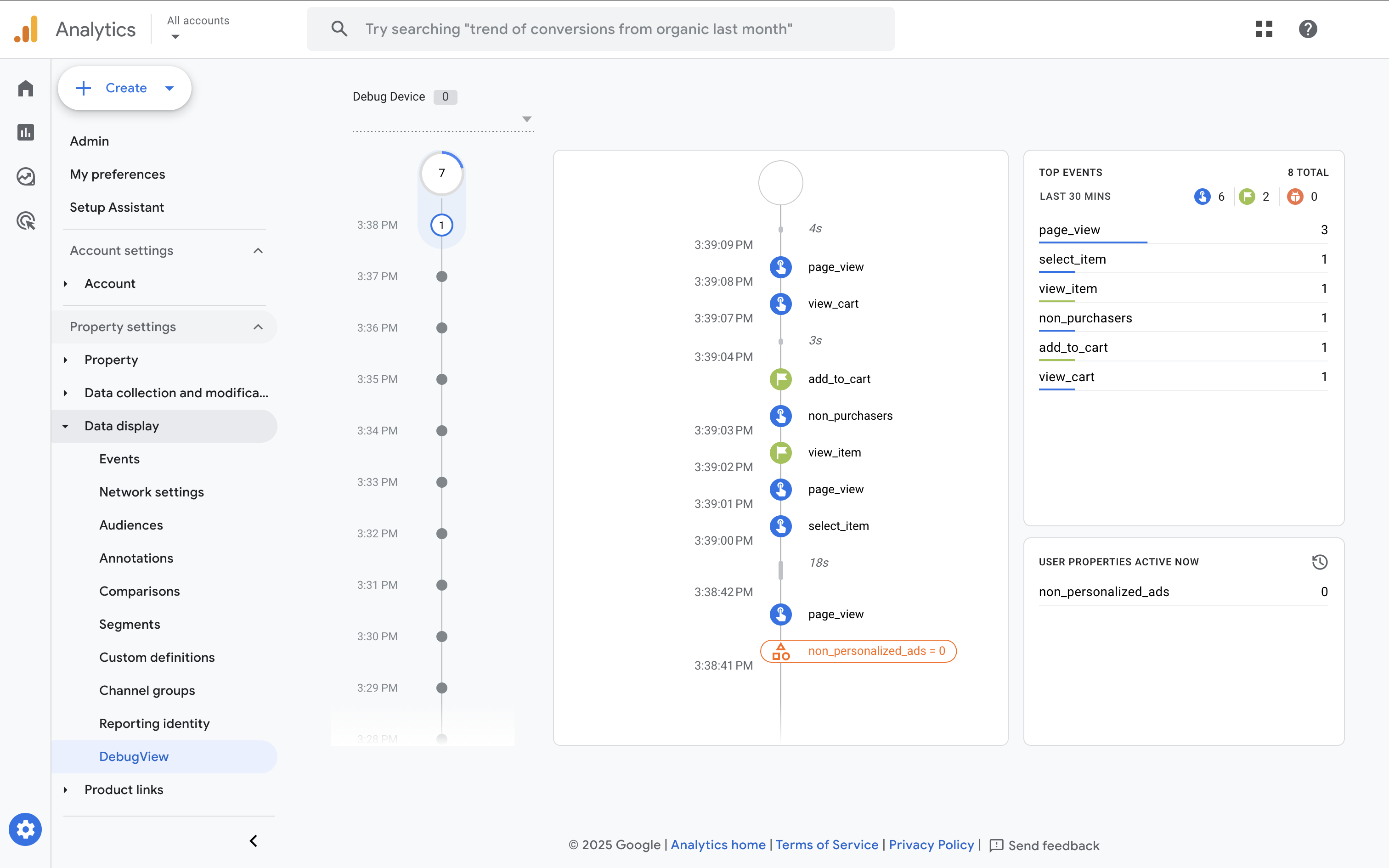 GA4 DebugView showing ecommerce events
